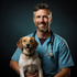 Vet in scrubs holding a happy dog.