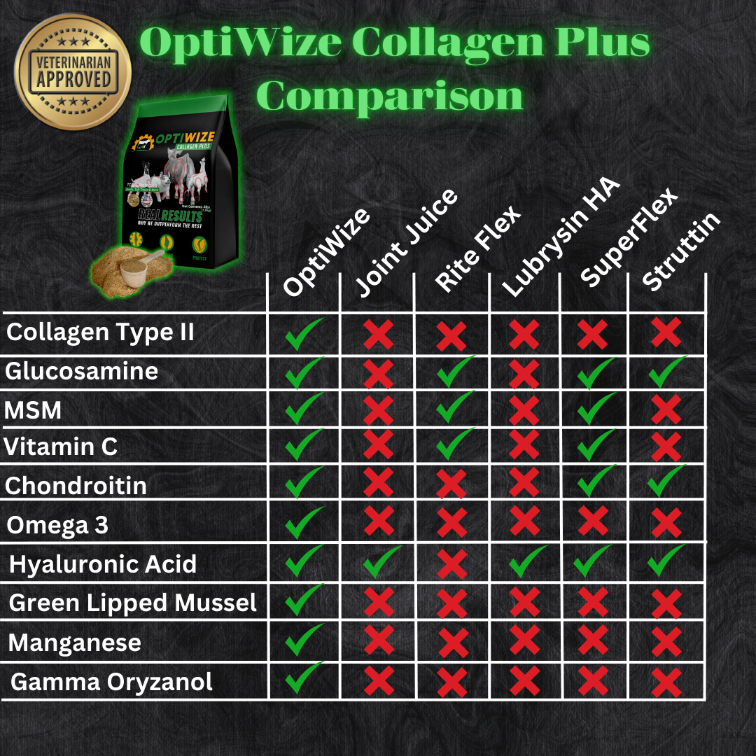 Collagen Type II in OptiWize supports joint repair in cattle, pigs, and goats.