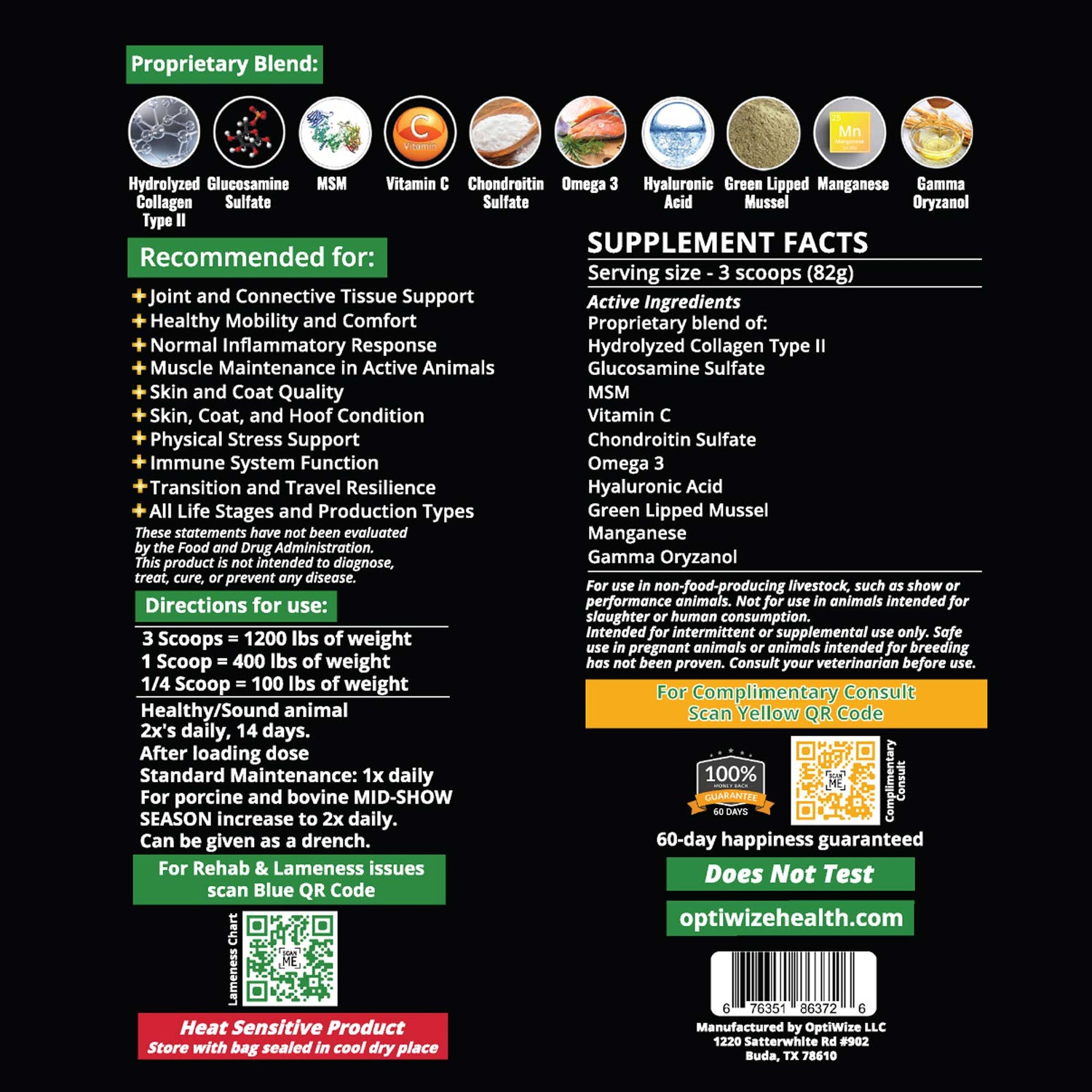 OptiWize 10-N-1 bucking stock joint supplement for connective tissue in pigs, goats, cattle.