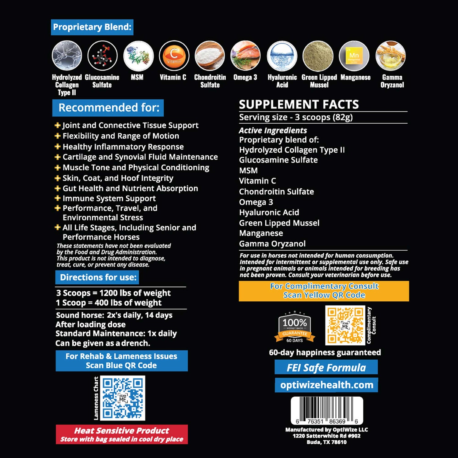 OptiWize nutrition facts showing natural equine joint formula with glucosamine, MSM, collagen type II, and antioxidants.