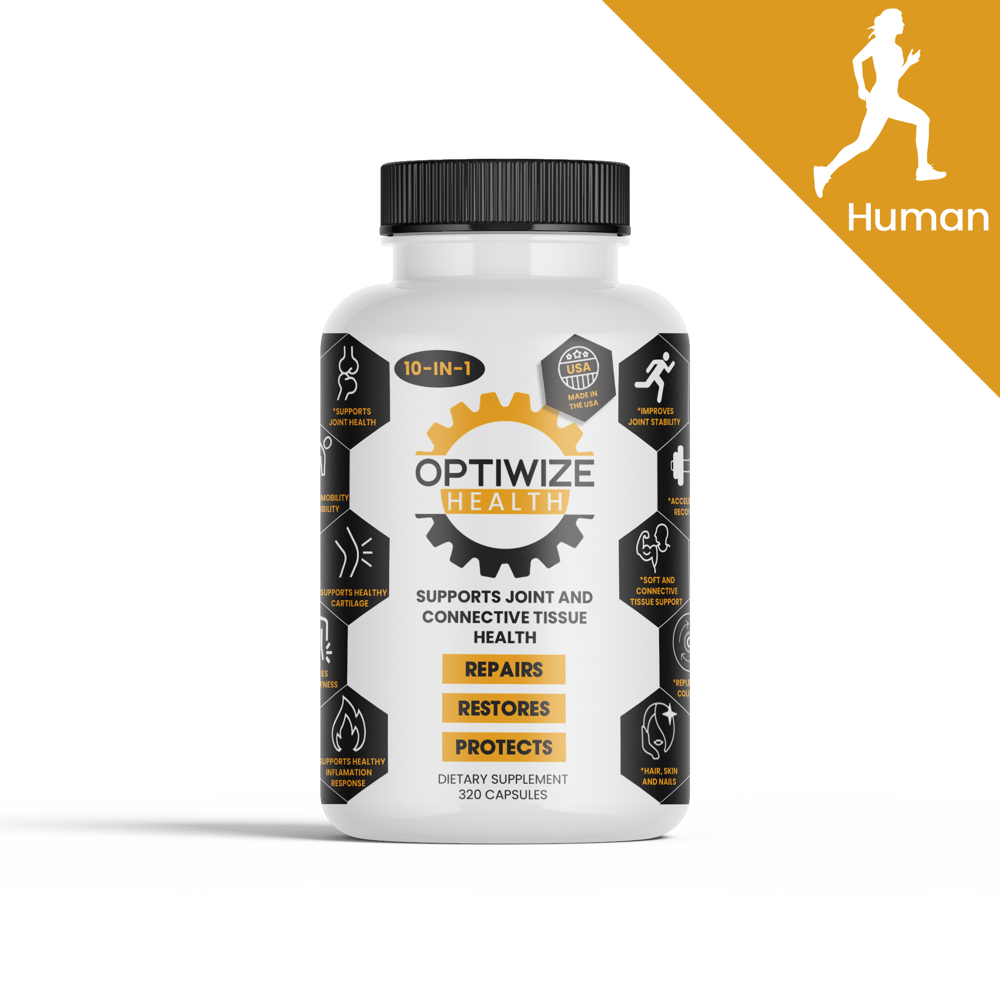 White Optiwize Health 10-in-1 supplement bottle with 320 capsules for joint and connective tissue support, featuring a running silhouette on a white background.