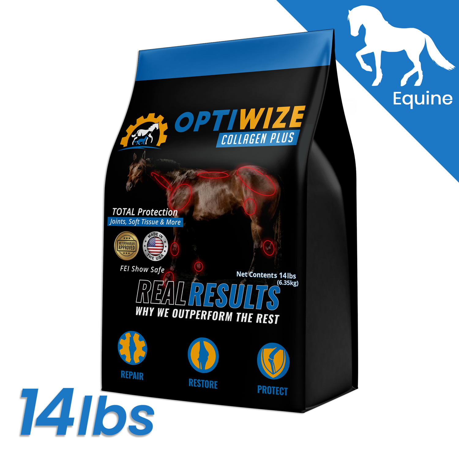 OptiWize equine collagen formula, senior horse supplement for recovery, conditioning, and joint health.