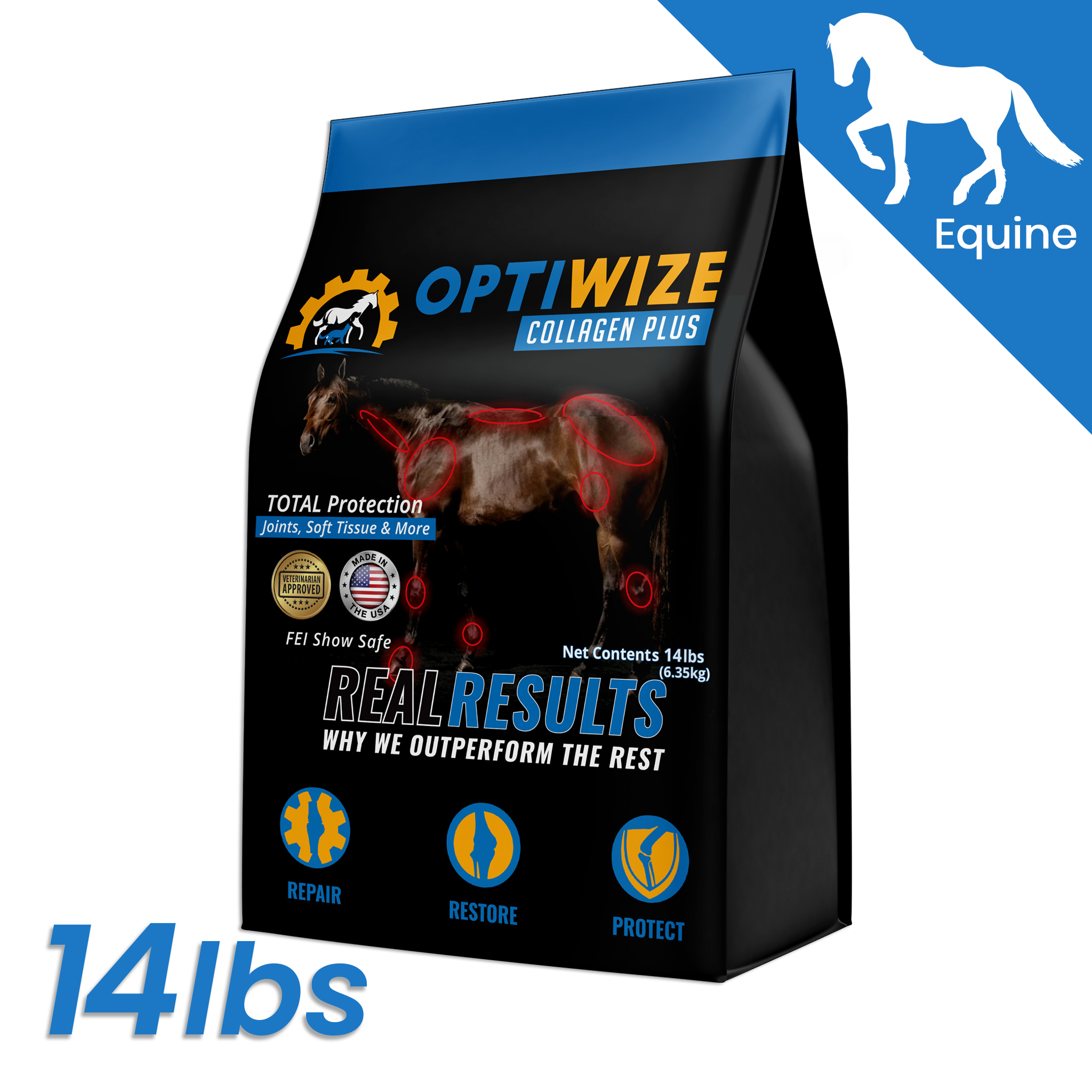 OptiWize equine collagen formula, senior horse supplement for recovery, conditioning, and joint health.