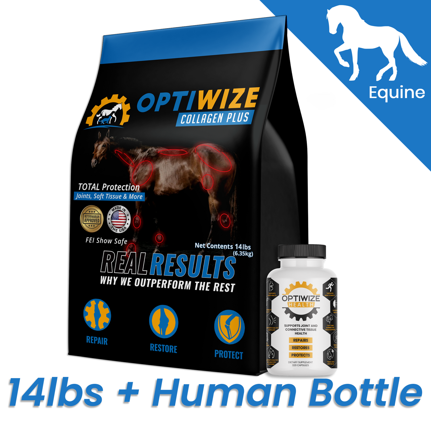 OptiWize equine collagen large supplements for stifle problems in horses and long-term mobility support.
