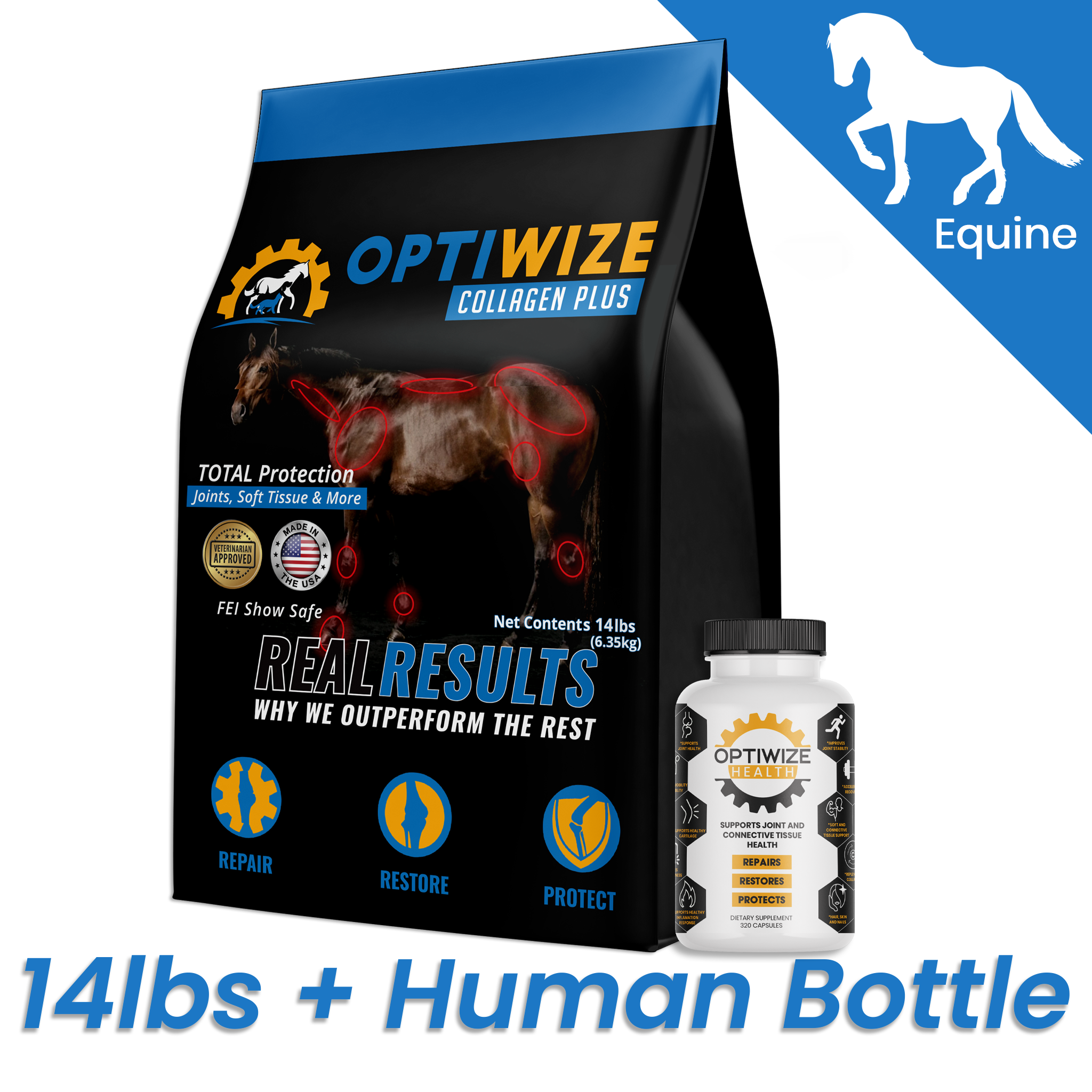 OptiWize equine collagen large supplements for stifle problems in horses and long-term mobility support.