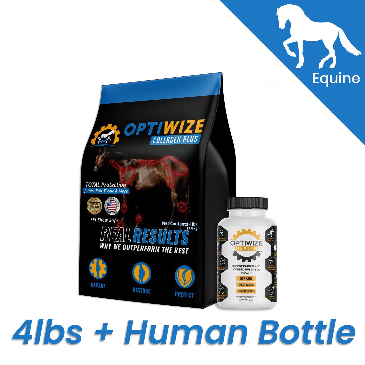 Premium OptiWize equine collagen supplements for stifle problems in horses and senior equine recovery.