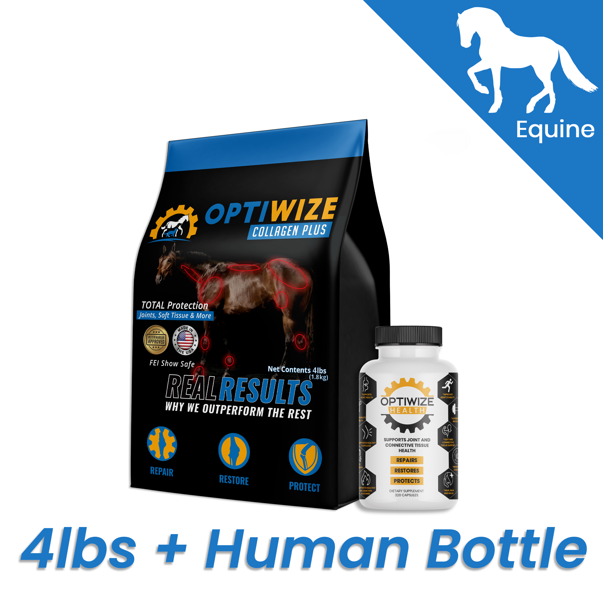 Premium OptiWize equine collagen supplements for stifle problems in horses and senior equine recovery.