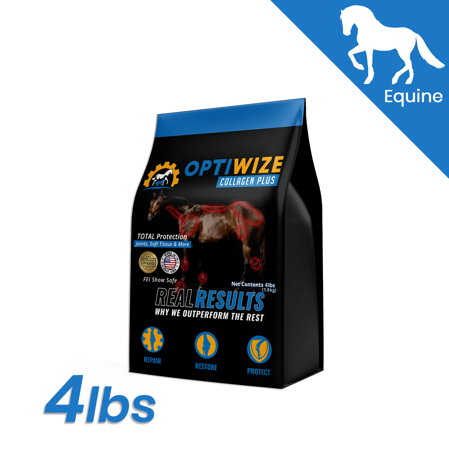 OptiWize Equine 10-N-1 horse joint supplement with collagen, glucosamine, MSM for mobility and flexibility.