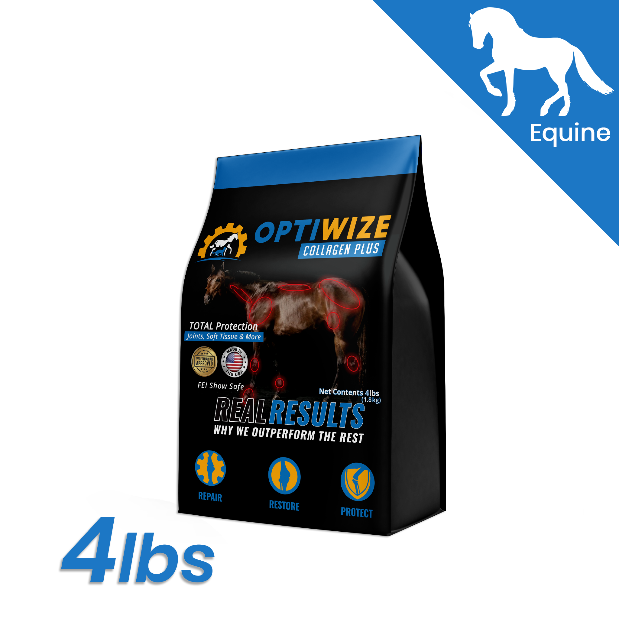 OptiWize Equine 10-N-1 horse joint supplement with collagen, glucosamine, MSM for mobility and flexibility.