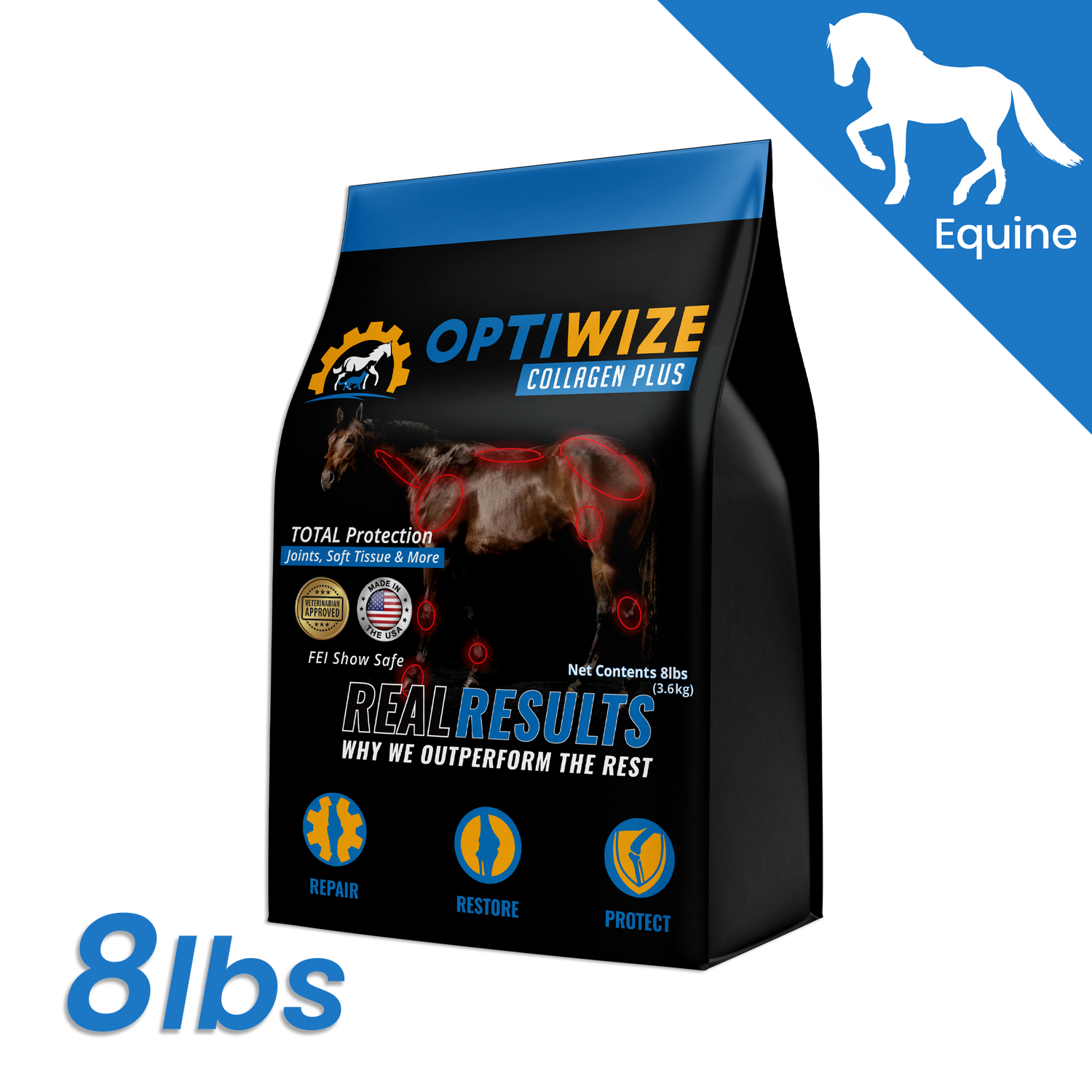 OptiWize Equine 10-N-1 joint supplements for horses supporting cartilage, tendons, ligaments, and overall strength.