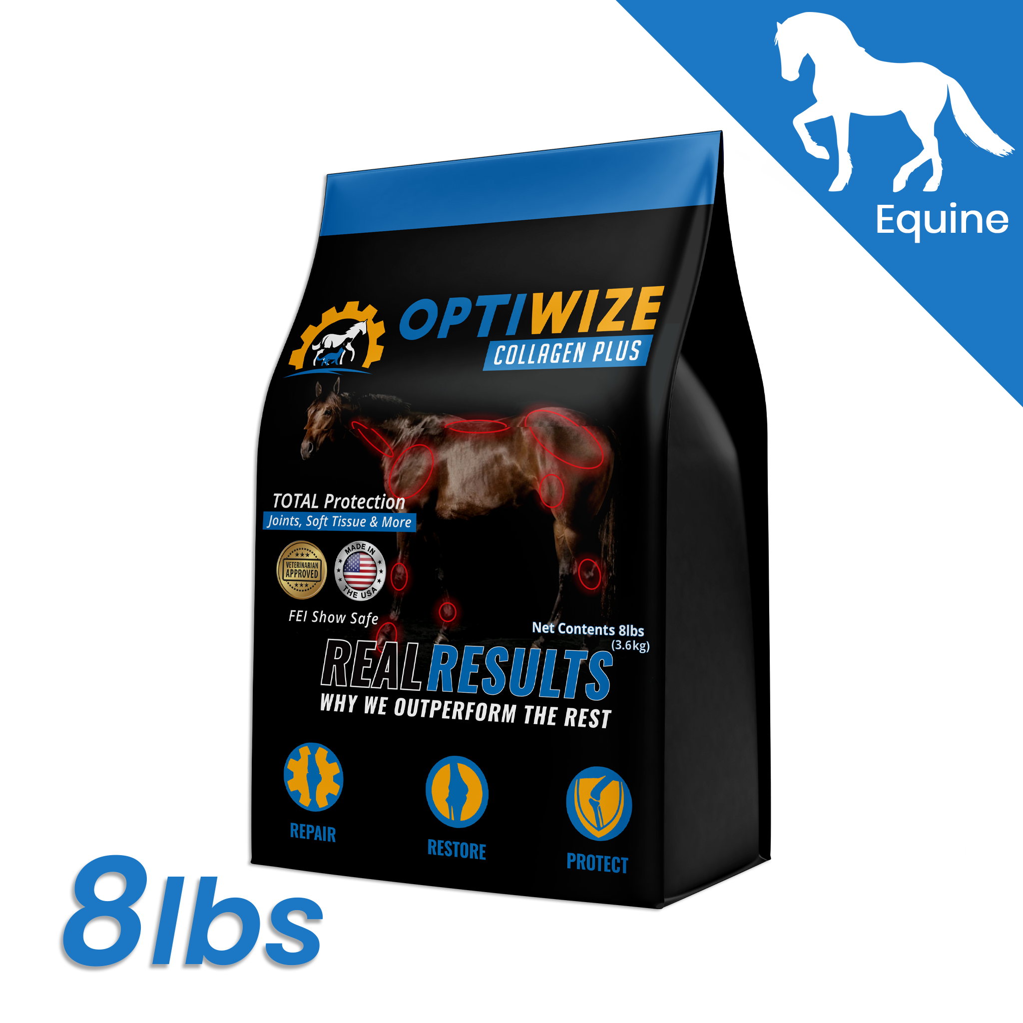 OptiWize Equine 10-N-1 joint supplements for horses supporting cartilage, tendons, ligaments, and overall strength.