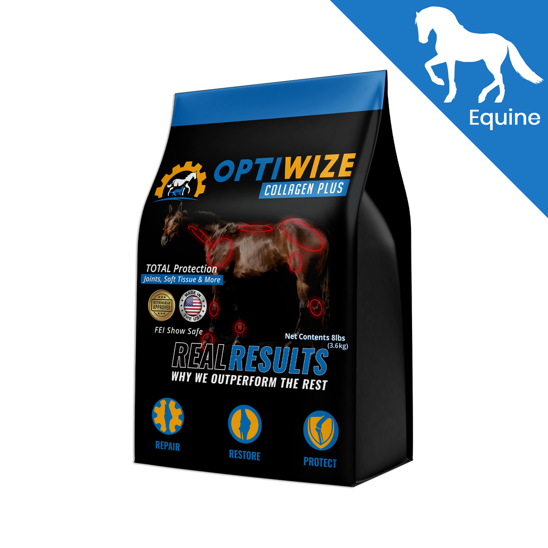 OptiWize Equine 10-N-1 complete horse joint supplement with omega-3, chondroitin, hyaluronic acid, and manganese.