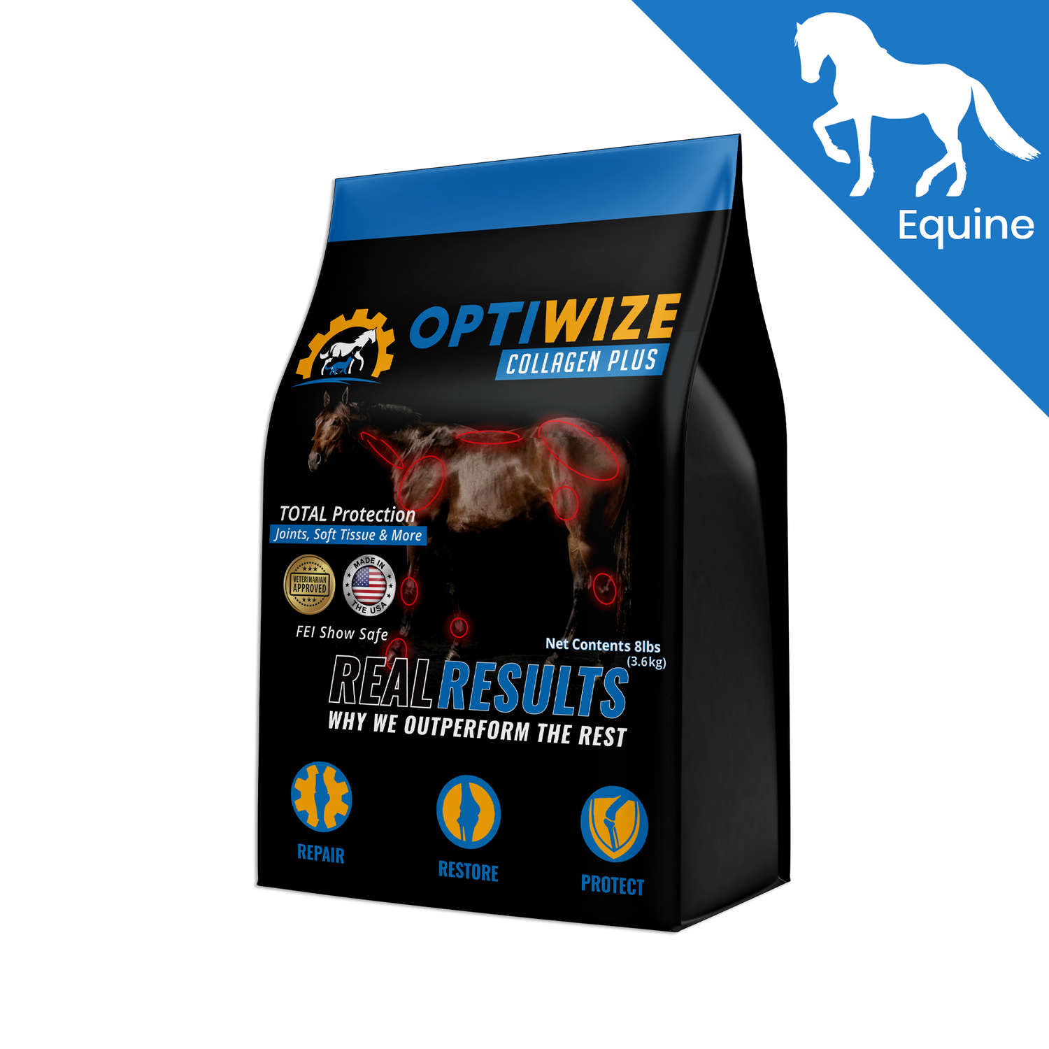 OptiWize Equine 10-N-1 complete horse joint supplement with omega-3, chondroitin, hyaluronic acid, and manganese.