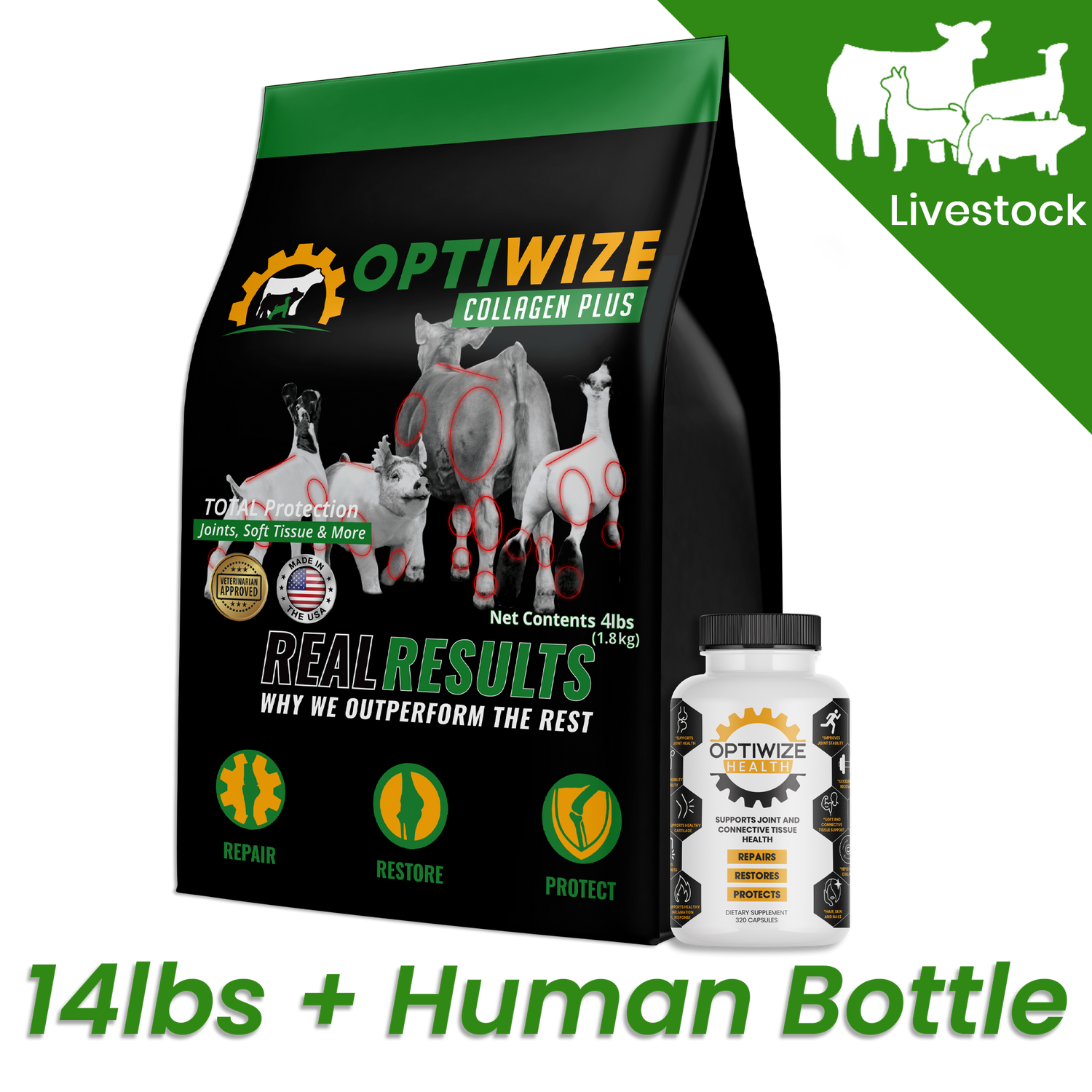 OptiWize Collagen Plus 10-N-1 showstock supplement for joint support in goats, pigs, cattle.