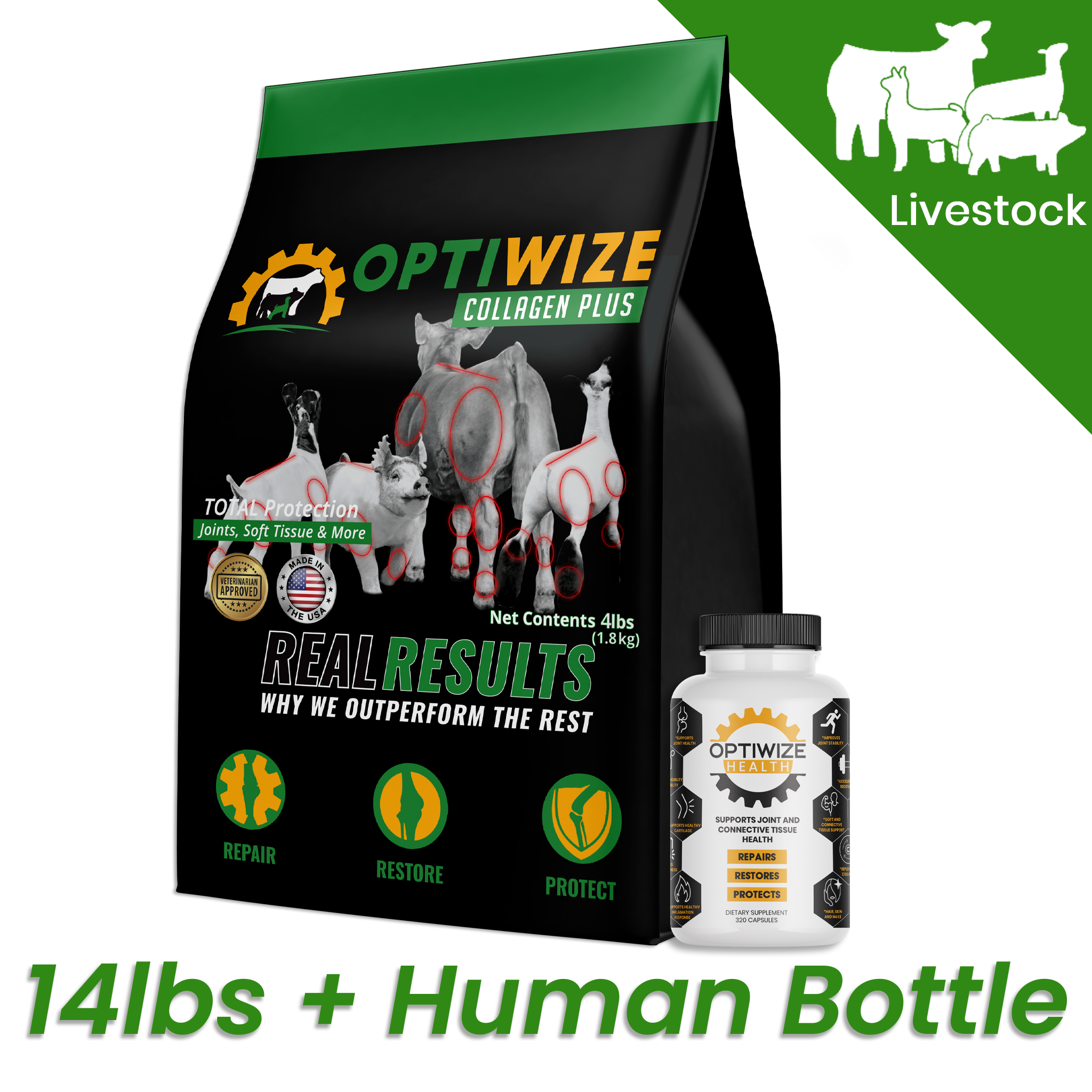 OptiWize Collagen Plus 10-N-1 showstock supplement for joint support in goats, pigs, cattle.