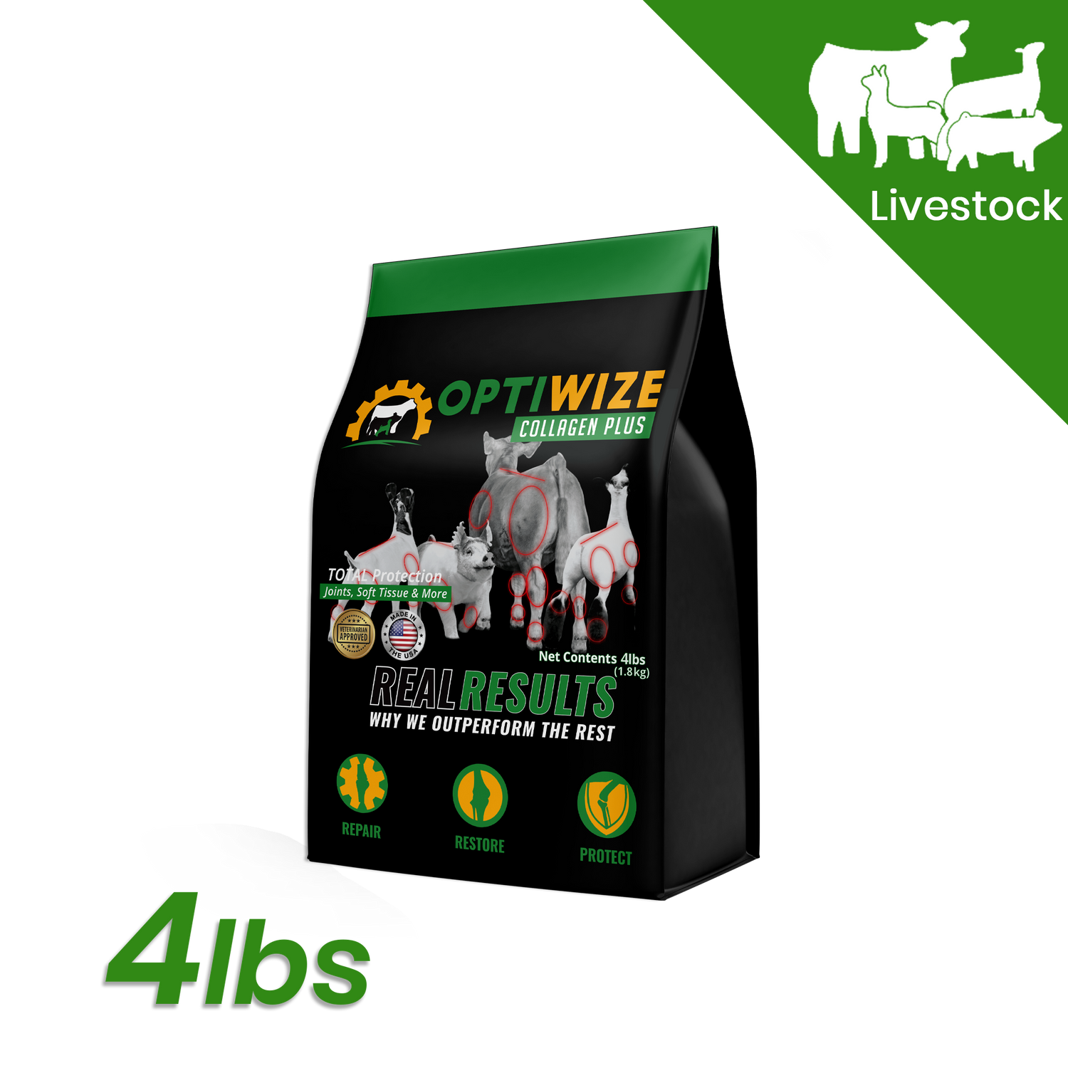 OptiWize Collagen Plus 10-N-1 livestock supplement for joint health in goats, pigs, cattle.