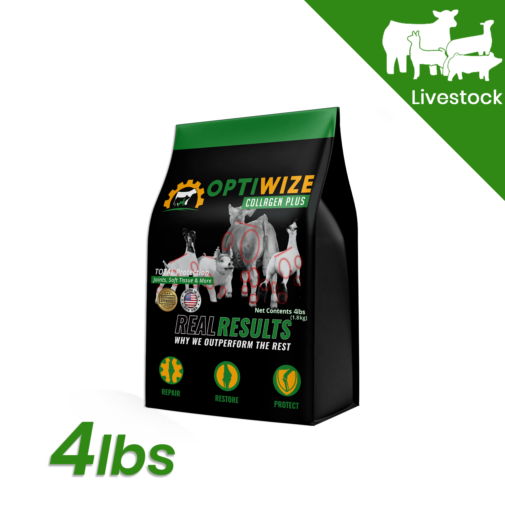 OptiWize Collagen Plus 10-N-1 livestock supplement for joint health in goats, pigs, cattle.