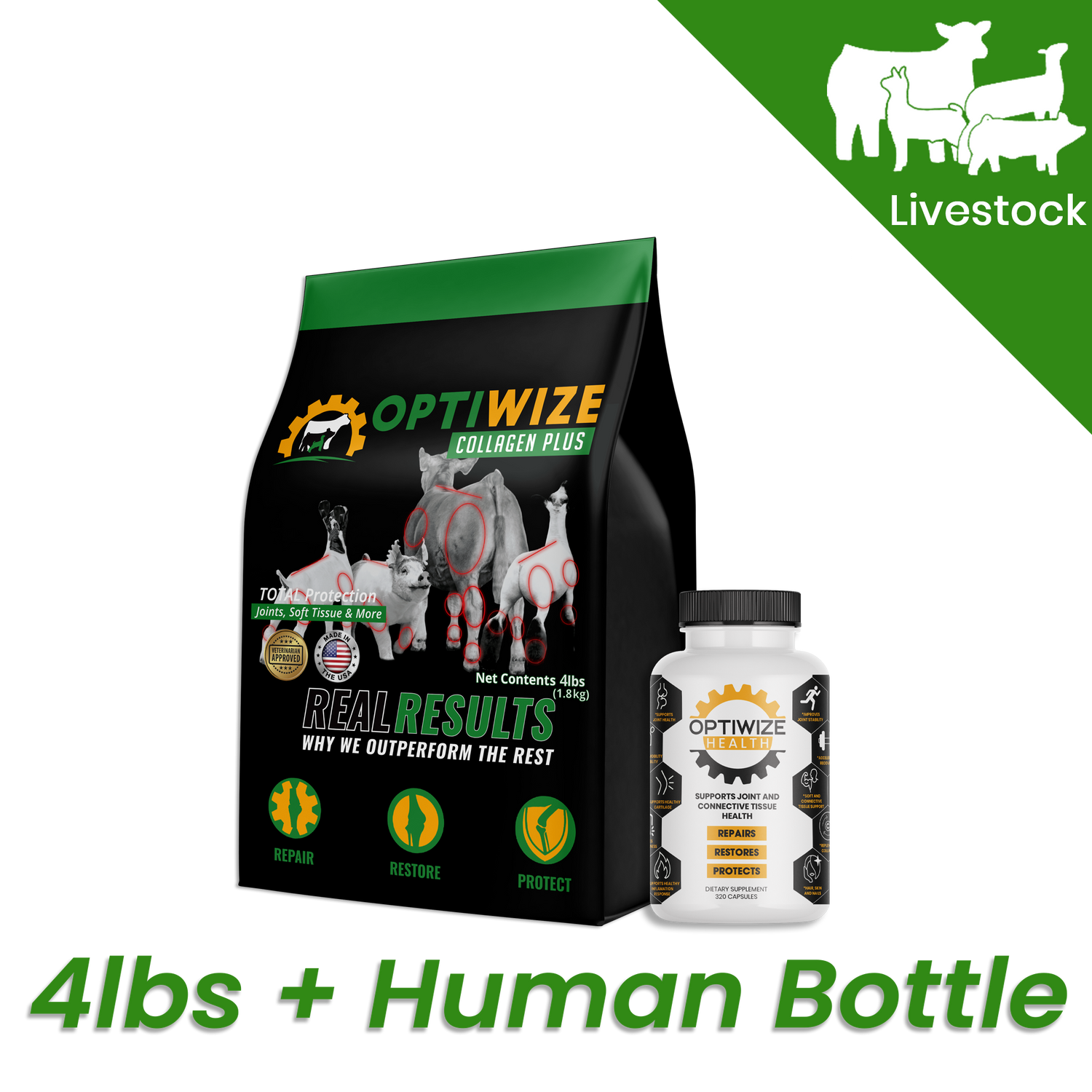 OptiWize Collagen Plus cattle, goats, pigs supplement with glucosamine, vitamin C, omega 3.