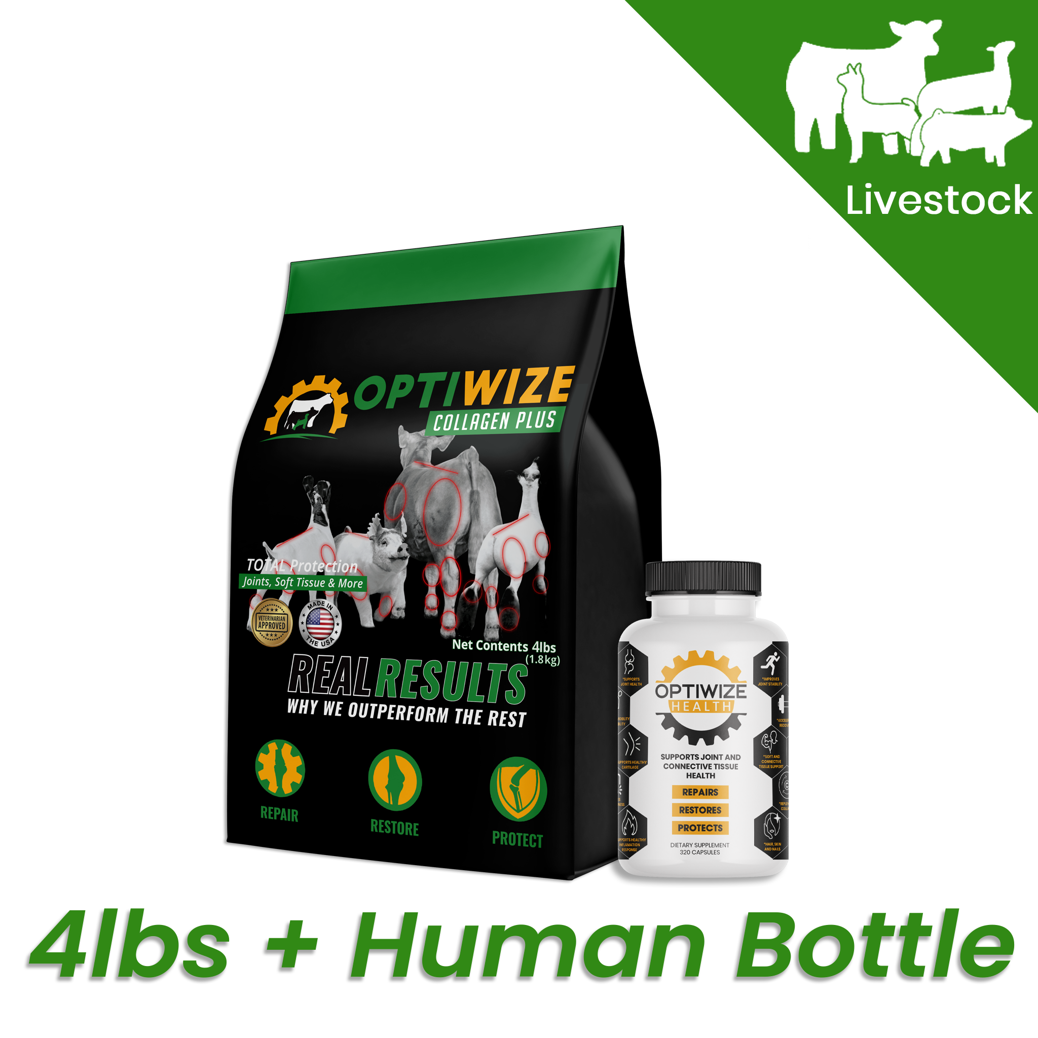 OptiWize Collagen Plus cattle, goats, pigs supplement with glucosamine, vitamin C, omega 3.