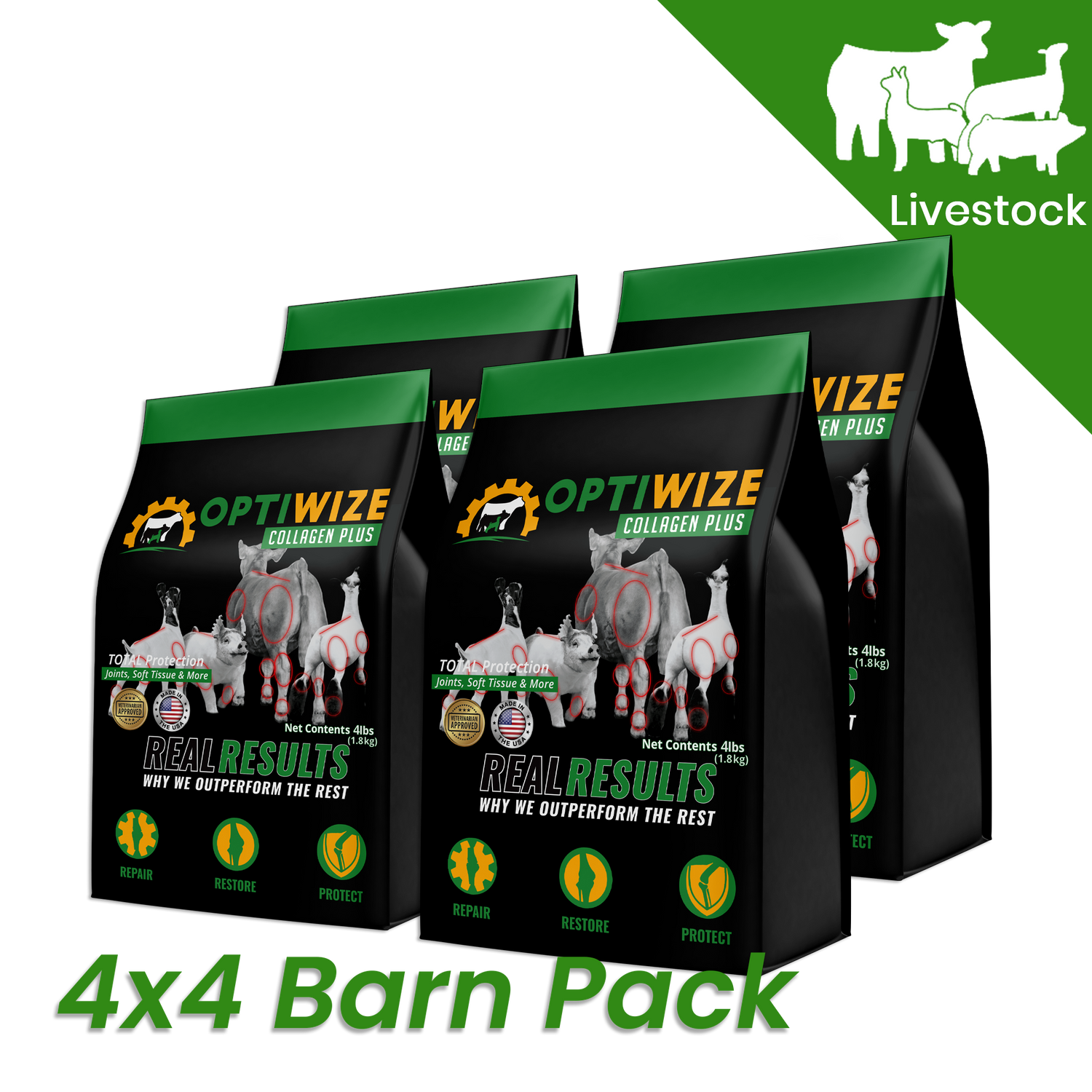 OptiWize Collagen Plus supplement supporting wellness in cattle, pigs, and goats.