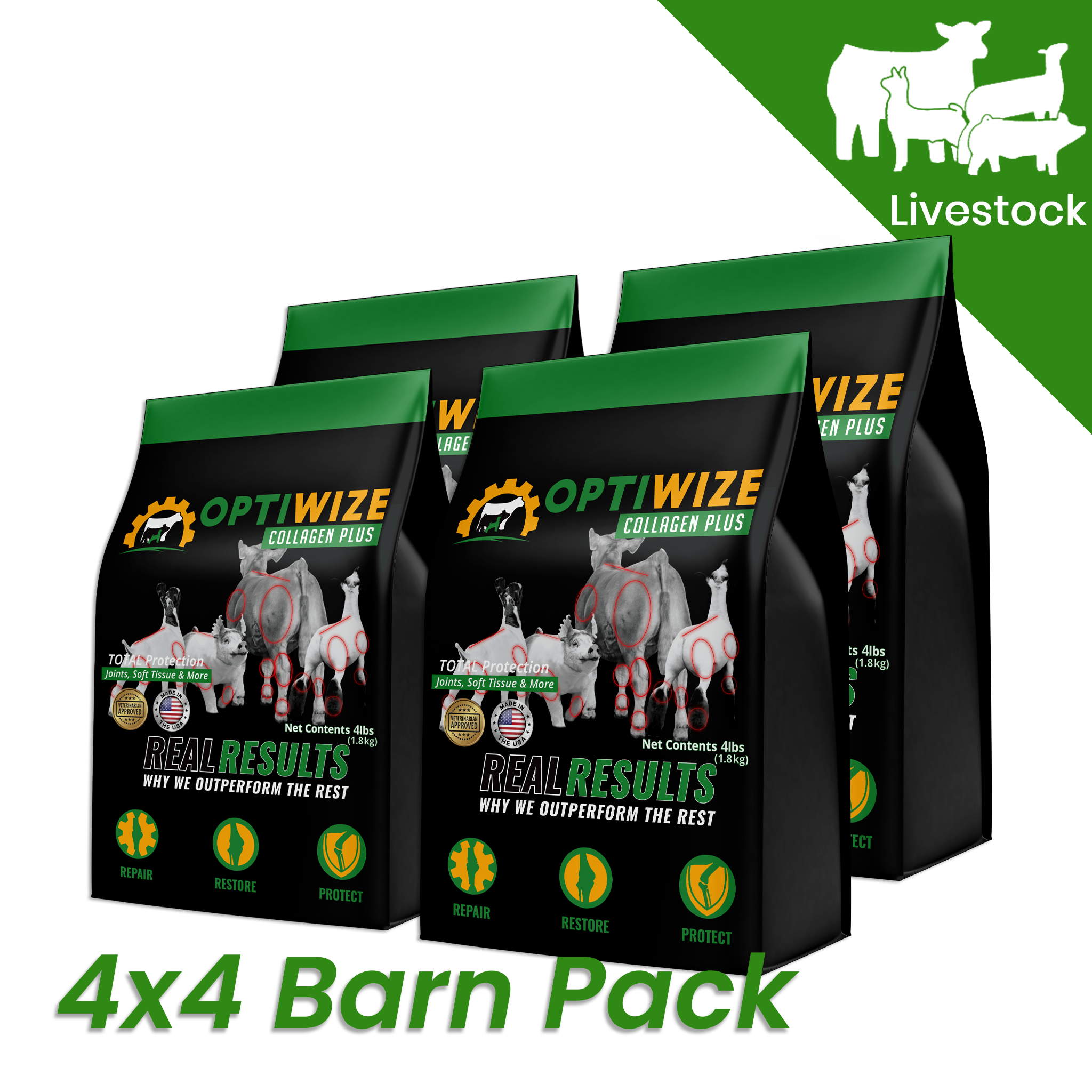 OptiWize Collagen Plus supplement supporting wellness in cattle, pigs, and goats.