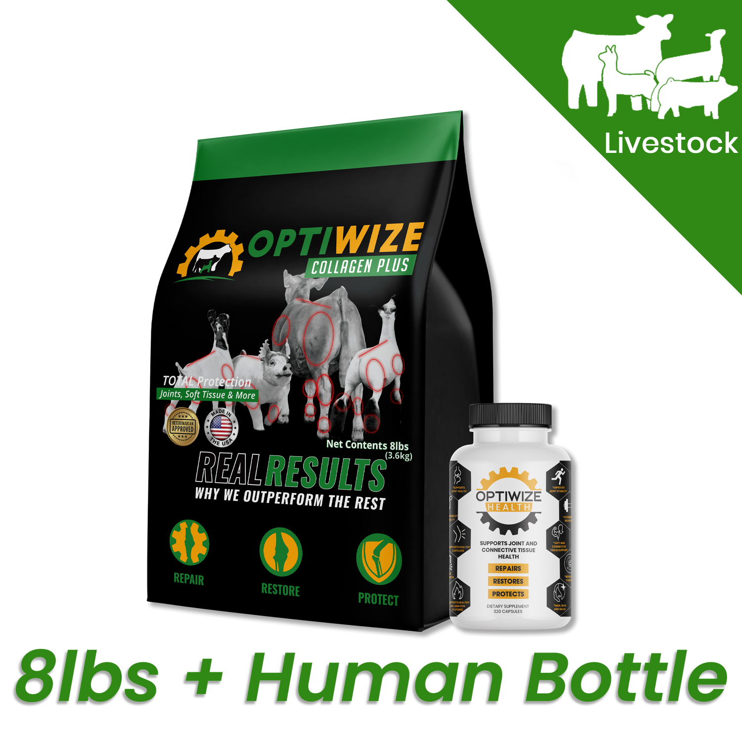 OptiWize Collagen with glucosamine, green lipped mussel for pigs, goats, and cattle health.