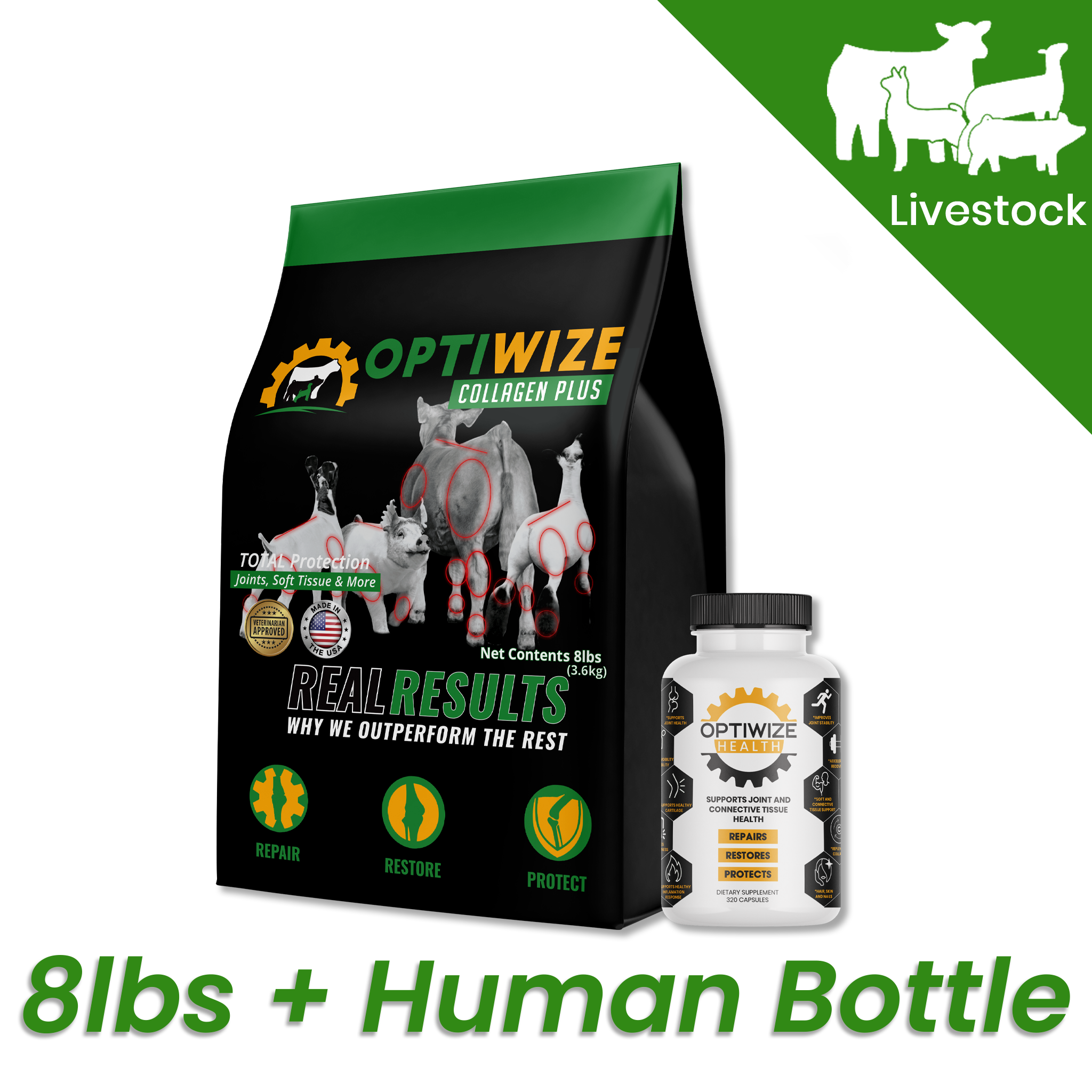 OptiWize Collagen with glucosamine, green lipped mussel for pigs, goats, and cattle health.
