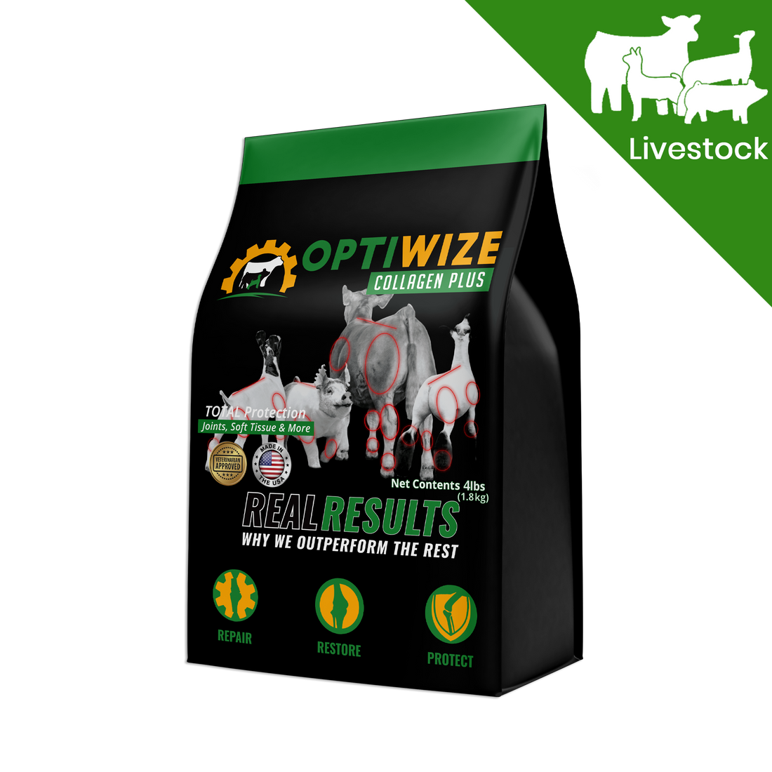 OptiWize Collagen Plus for tendon, bone, ligament care in cattle, goats, and pigs.