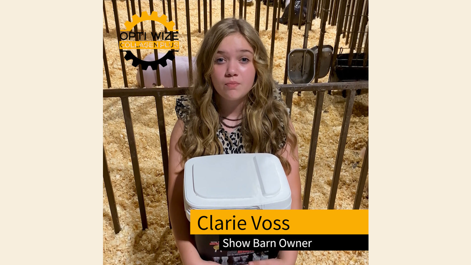 <p>Claire Voss is a champion showpigs breeder. Her OG sired blue barrow (Raised by. Wilber Genetics) strikes again! Champion Light Cross</p><p>Claire shares how OptiWize helped her gilt with swollen hocks. Now OptiWize is will always be in her feed room as her joint tendon and ligament supplement for pigs.</p>