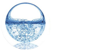 Sparkling blue water sphere with bubbles.