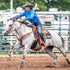 Cowgirl racing on a gray horse