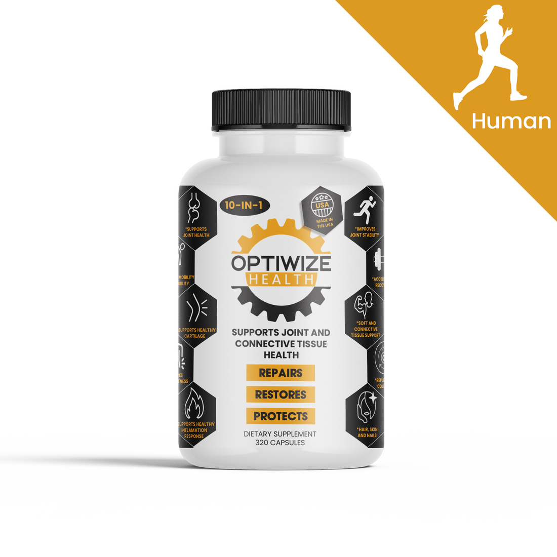 White Optiwize Health 10-in-1 supplement bottle with 320 capsules for joint and connective tissue support, featuring a running silhouette on a white background.