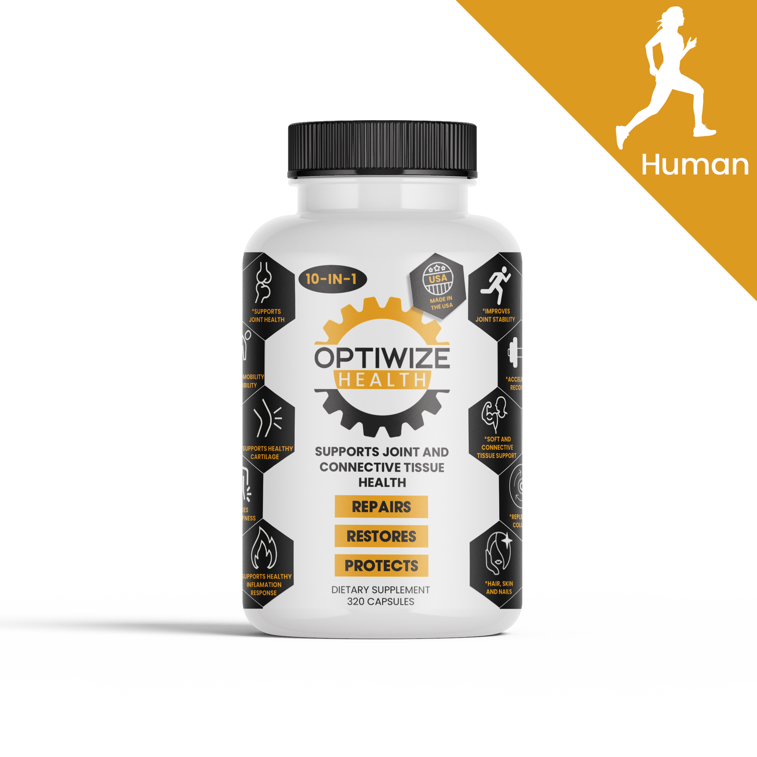 White Optiwize Health 10-in-1 supplement bottle with 320 capsules for joint and connective tissue support, featuring a running silhouette on a white background.