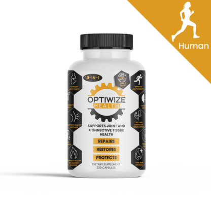 White Optiwize Health 10-in-1 supplement bottle with 320 capsules for joint and connective tissue support, featuring a running silhouette on a white background.