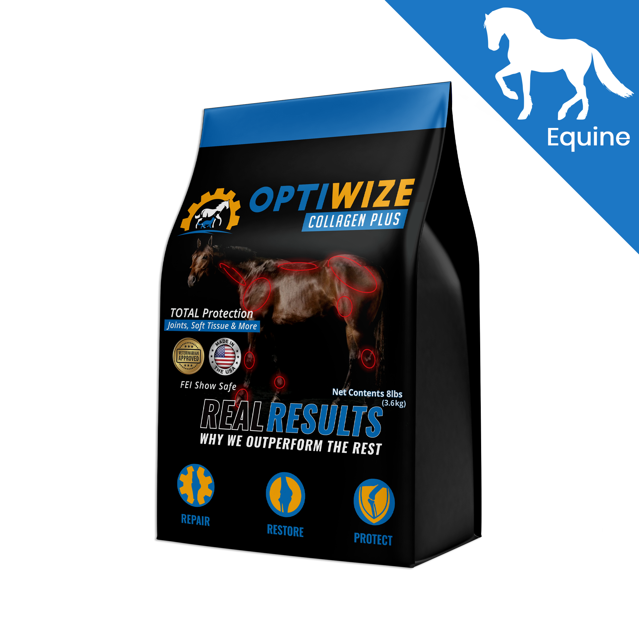 OptiWize Equine 10-N-1 complete horse joint supplement with omega-3, chondroitin, hyaluronic acid, and manganese.