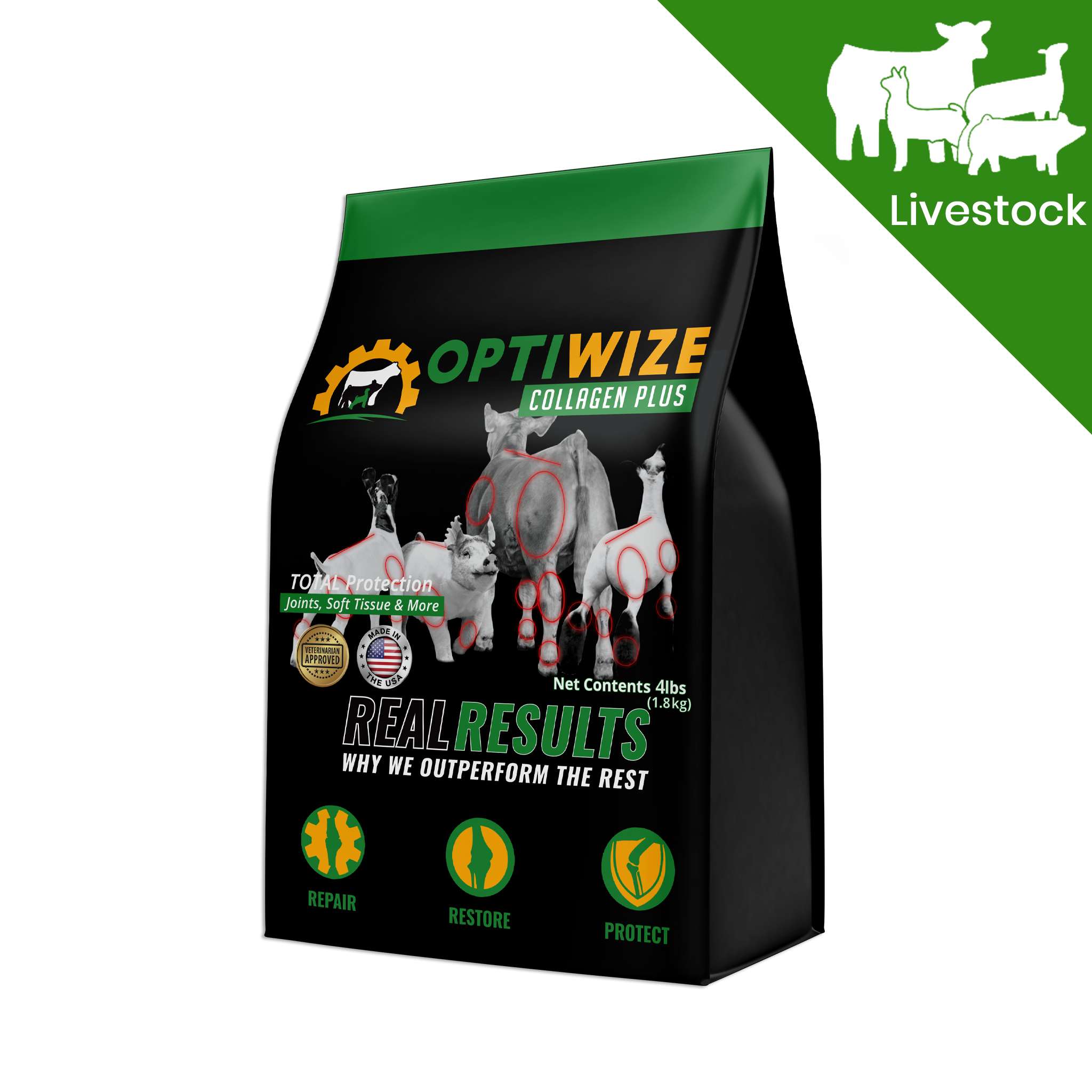 OptiWize Collagen Plus for tendon, bone, ligament care in cattle, goats, and pigs.